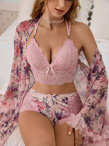 CottageSlumber 3pcs/Set Women's Pink Floral Digital Print Mesh Nightgown Set, Sexy Lace Boning Waist Adjustable Spaghetti Strap Camisole + High Waist Shorts With Ruffle Trim - Multicolor - View 5