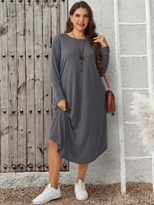 EMERY ROSE Plus Size Solid Color Long Sleeve Casual Loose Fit Vacation Dress Autumn Outfit For Women Going Out Formal Country Concert Fall Grey - Grey - View 8