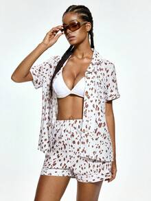 Rest Era Women's Light Gray Leopard Print Short Sleeve Shorts Pajama Set, Standard Size - Grey - View 5