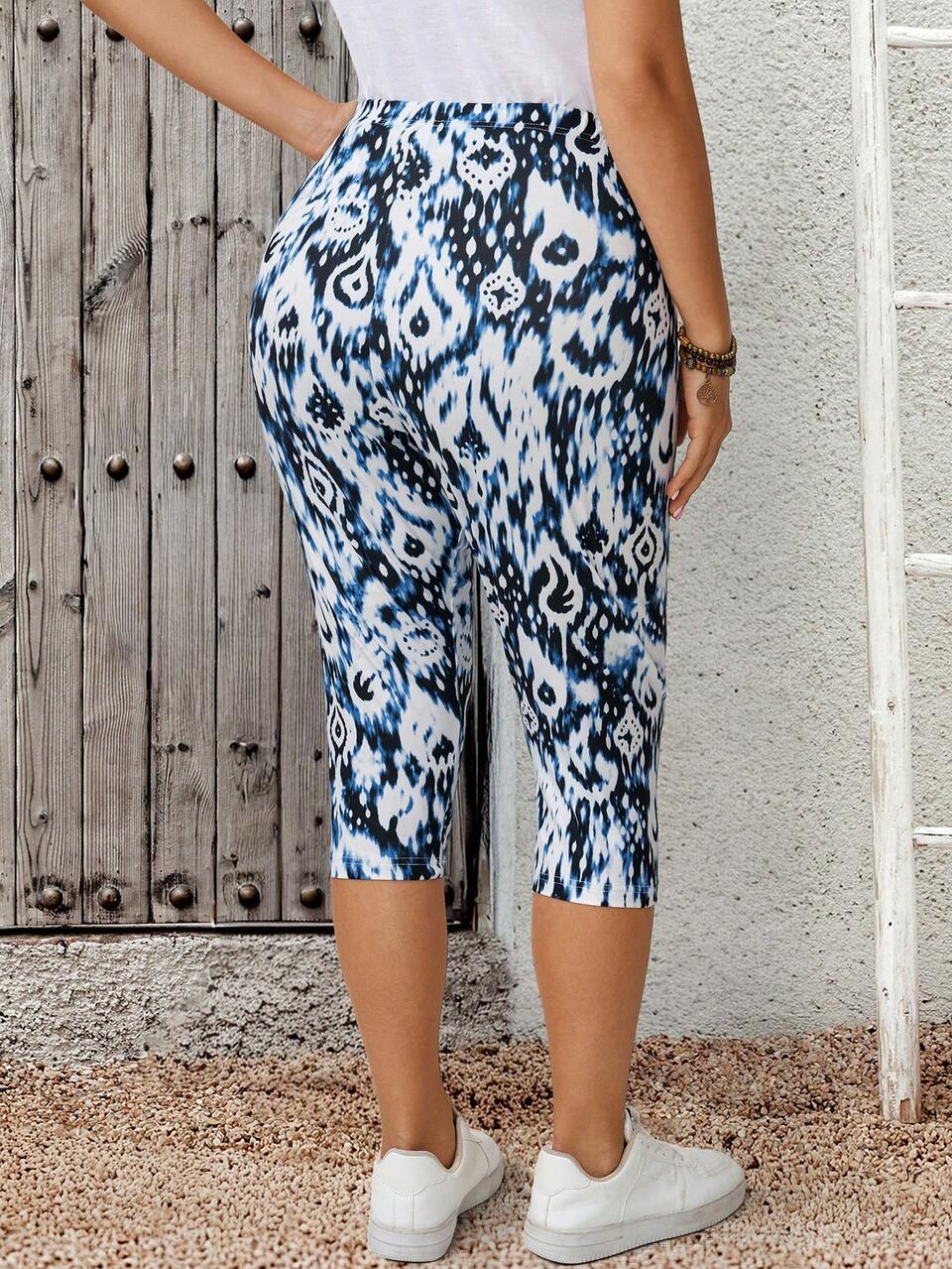 Plus Size Indigo Tie-Dye Elastic Waist 7/8 Length Leggings Summer Casual Vacation Outfits For Women Beach Going Out Daily