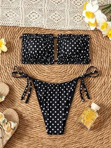Swim SXY 女款波點印花雙層布料平胸式比基尼泳衣套裝（後綁帶、高衩側綁帶）兩件式 - 黑與白 - 查看 6