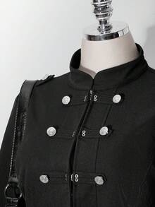 SHEIN ICON Women's Plus Size Distressed Washed Double-Breasted Jacket Fall - Black - View 6