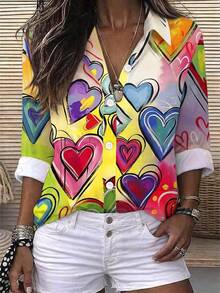 EMERY ROSE Women Blouses Tombol Depan Hati All Over Print Casual - MultiWarna - View 1