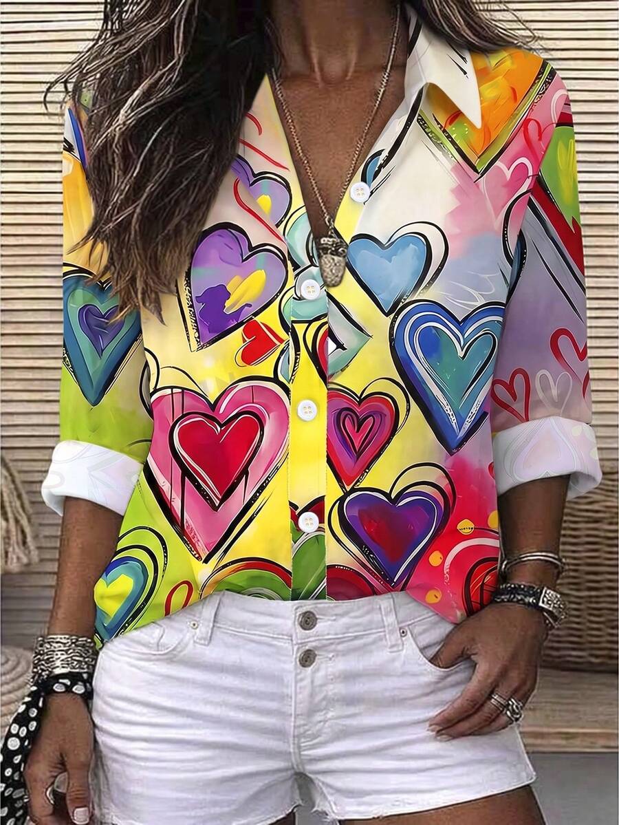 EMERY ROSE Women Blouses Tombol Depan Hati All Over Print Casual - MultiWarna - View 1