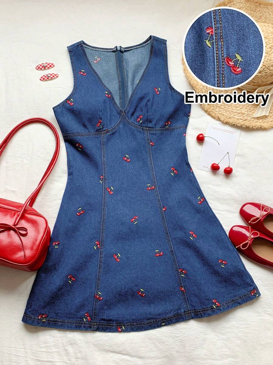 Brillora 女款櫻桃刺繡V領休閒飄逸可愛復古流蘇70年代無袖牛仔洋裝 藍色條紋 秋季優雅 度假派對野餐早午餐 - 中等水洗藍 - 查看 1