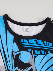 BATMAN X SHEIN TOM & JERRY X SHEIN GraphicGems 大童男孩圓領卡通印花短袖上衣與長褲休閒日常居家睡衣套裝 - 黑色 - 查看 5
