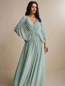 CielaLinda Women's Ruched Batwing Sleeve Chiffon Maxi Boho Elegant Romantic Wedding Sage Green Dress Cocktail Night Autumn - Green - View 3