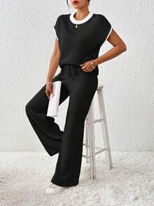 EMERY ROSE 2pcs/Set Women's Loose Knit Casual Contrast Trim & Drawstring Sweater & Pants - Black - View 7