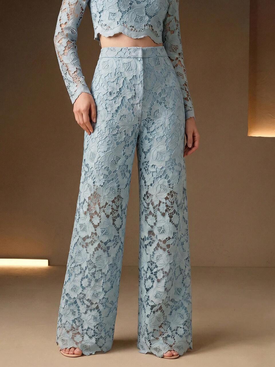 Anewsta Summer Fashion Elegant Romantic Water-Soluble Hollow Lace Wide Leg Pants Mid-Waist Light Blue Women's Long Wedding Date Party Birthday