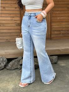Sunnyshic New Lace Trim High Waist Plus Size Denim Flare Pants Light Blue Summer Vacation Casual Traditional - Blue - View 4