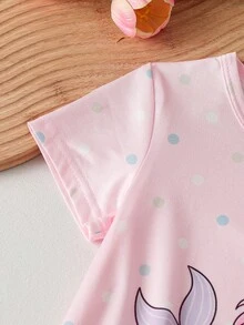 Genkimix Kids 女童簡約時尚粉灰配色可愛卡通羊印花兩件式短袖長款睡袍家居服套裝 - 粉色 - 查看 6