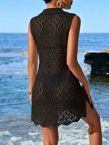 Swim Vcay Swim Chiccia 女款優雅輕盈性感黑色鉤編無袖洋裝，夏季休閒度假海灘罩衫，翻領 V 領鏤空設計 - 黑色 - 查看 2