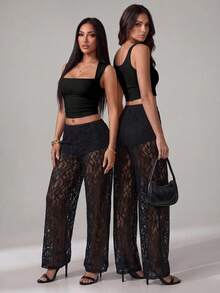 SHEIN Tall Women's Solid Color Lace Sheer Long Pants, Tall Women - Black - View 2