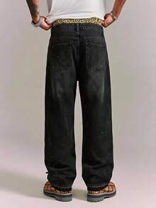 CRAVYNX Men's Rhinestone Print Wide Leg Jeans - Black - View 2