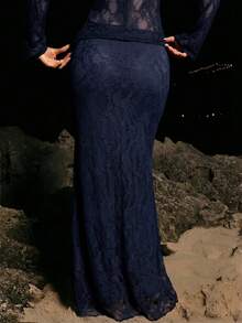 Opulessa Rok Mermaid Warna Polos untuk Liburan Pengiring Pengantin Wanita, Pesta Musim Gugur, Makan Malam Wanita - Navy Blue - View 2
