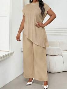 SHEIN Lady Plus Size Women's High Neck Short Sleeve Asymmetrical Hem Top - Apricot - View 7