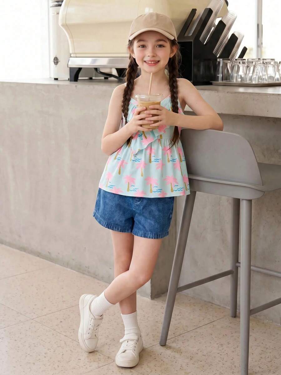 SHEIN Casuvi Kids 女童休闲碎花吊带上衣和蓝色短裤两件套,配格子腰带装饰,适合日常穿着,简约时尚。 - 彩色 - 查看 1