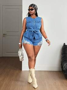 Slaydiva Jaket Denim Tanpa Lengan Ukuran Besar dengan Sabuk, Warna Biru, Gaya Barat Tradisional Musim Panas untuk Pesta Ulang Tahun - Dark Wash - View 4