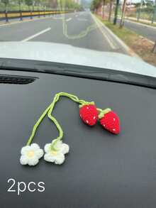 2Pcs Woven Strawberry Car Hanging Pendants, Cute Handmade Ornaments For Auto Interior Decoration - one size fits all - View 13