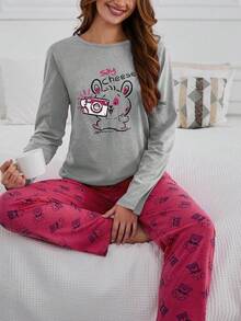 SHEIN Cottnline 100 Cotton 2Pcs Animal Printed PJ Set Sleep Grey Dark Pink Autumn Cute Kawaii - Grey - View 6