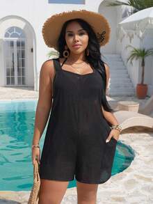 Swim Vcay 大尺碼女款休閒無袖連身褲，適合海灘/度假 - 黑色 - 查看 6