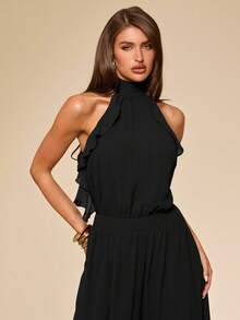 SHEIN BAE Spring/Summer Solid Brown Halter Neck Women's Lantern Pants Jumpsuit, Brown Chiffon Elegant Lantern Pants - Black - View 5