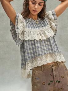 Bohemela Blusa holgada de mujer con contraste de encaje y estampado de cuadros en tejido informal - Azul y blanco - Ver 6