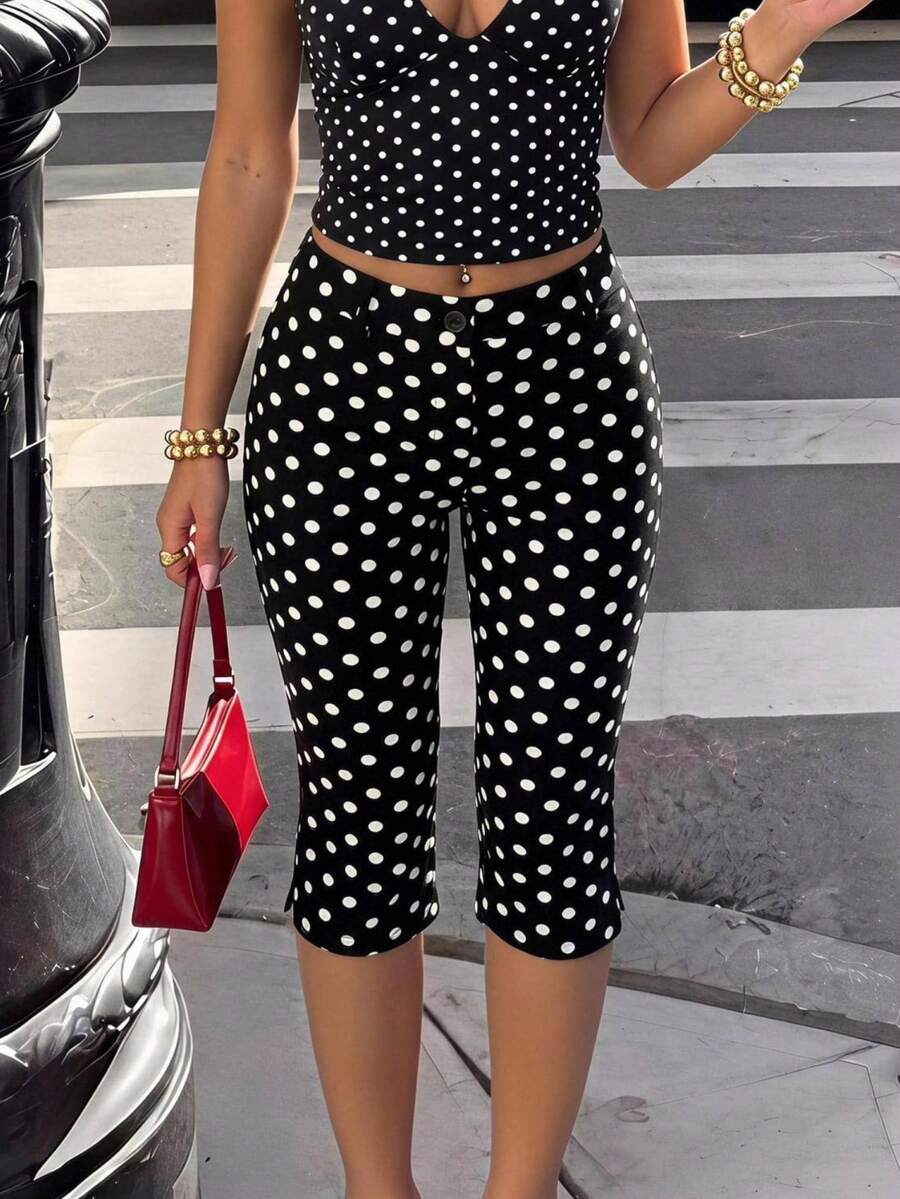 SHEIN EZwear 黑白波點修身女款休閒復古70年代七分褲,適合日常約會夏季穿著 - 黑色 - 查看 1