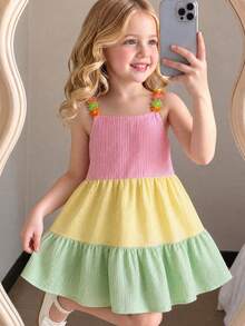 SHEIN Genkimix Kids 少女活力四射、灵感源自多巴胺的条纹拼接无袖连衣裙，休闲夏季装扮 - 彩色 - 查看 3