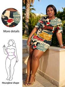 CurvyTilda Plus Size Women Letter & Figure Print Round Neck Short Sleeve Casual Dress Women Tshirt Dress Women Summer Outfits Women Vacation Outfit Elegant - Multicolor - View 1