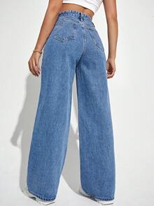 SHEIN PETITE Celana Jeans Denim Biru Wanita Multi-Saku Ukuran Petite yang Modis dan Serbaguna untuk Aktivitas Luar Ruangan dan Perjalanan. - Light Wash - View 2