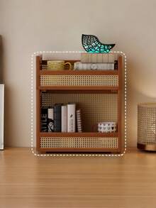 1 PC Natural Rattan Wicker Stackable Modular With Baffle Design Prevents Items From Slipping Sturdy Durable Rustic Brown Desktop Organizer Shelf For Home Office Dorm Living Room Bedroom Countertop Space - Multicolor - View 3