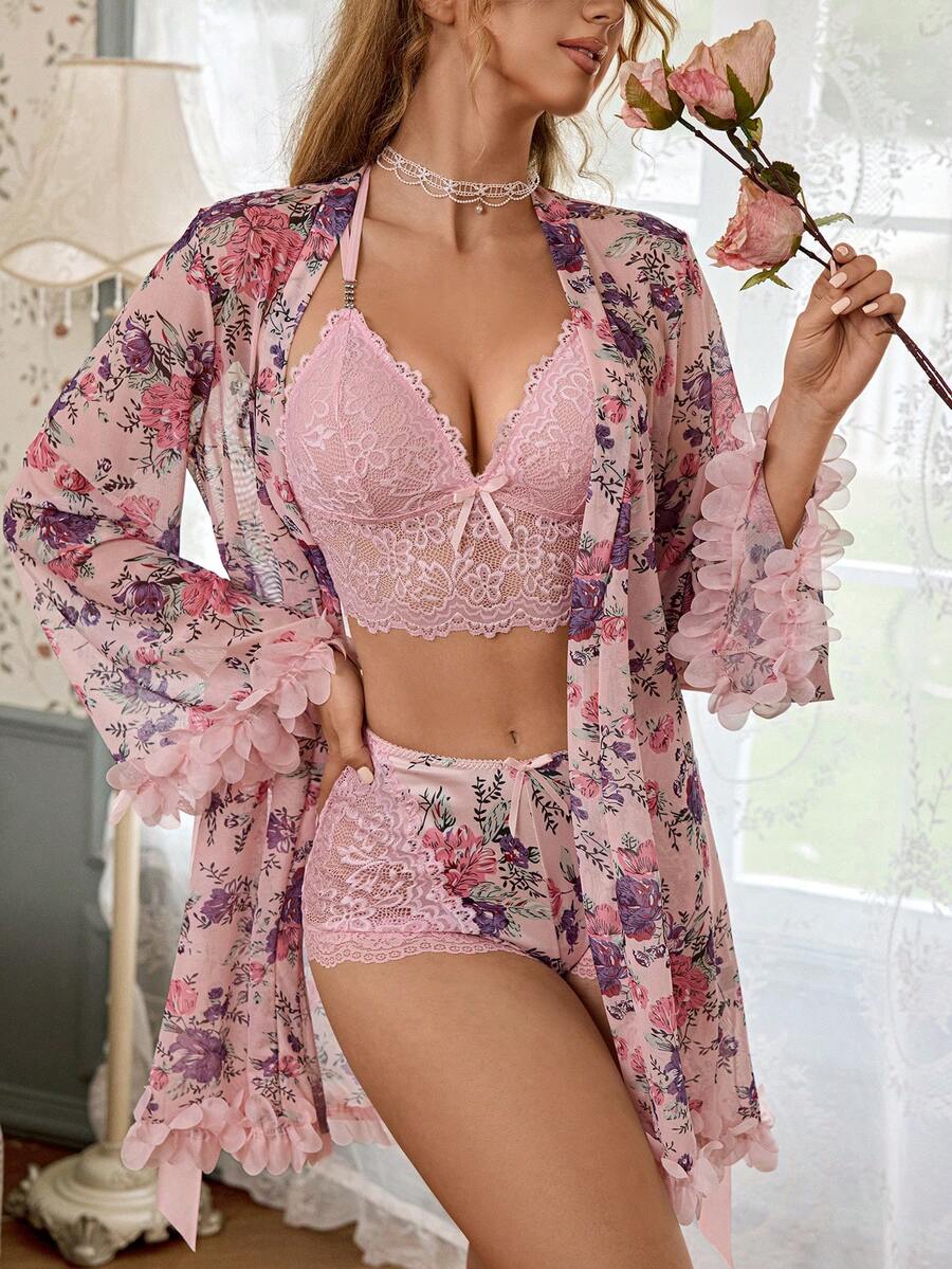 CottageSlumber 3pcs/Set Women's Pink Floral Digital Print Mesh Nightgown Set, Sexy Lace Boning Waist Adjustable Spaghetti Strap Camisole + High Waist Shorts With Ruffle Trim - Multicolor - View 1