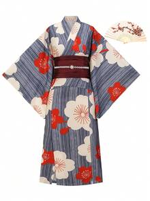 Irokai Japanese Traditional Kimono Navy Blue Cartoon Cherry Blossom Pattern Women's Modified Two Pieces Yukata Set - Multicolor - View 3