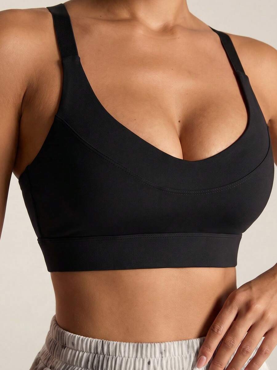 SHEIN BAE Women's Solid Color Wide Strap Minimalist Casual Sports Bra Cross Design Gym High Support