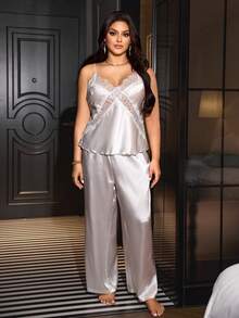 SilkySpell Satin Lace Patchwork Criss-Cross Strap Plus Size Pajama Set - White - View 6