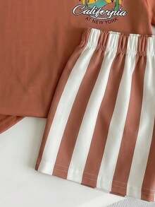 Baby Boy Simple Coconut Tree Print T-Shirt And Striped Shorts Set, Suitable For Summer Beach Holiday Cute Versatile Comfy - White - View 5