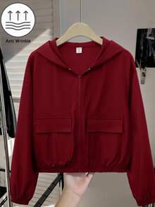 SHEIN 青少年女孩編織素色貼袋短版寬鬆休閒連帽外套 - 酒紅色 - 查看 7