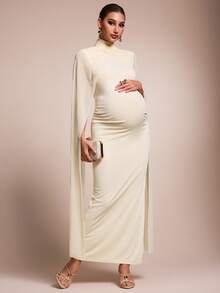 MaterniChic Elegant Chic Two Pieces Maternity Party Photoshoot Set: Cream Dress With Matching Shawl Stylish Fall Maternity Wear Suitable For Evening Events - Beige - View 8