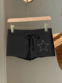 Attitoon Women's Drawstring Waist Star Pattern Slim Fit Shorts - Black - View 5