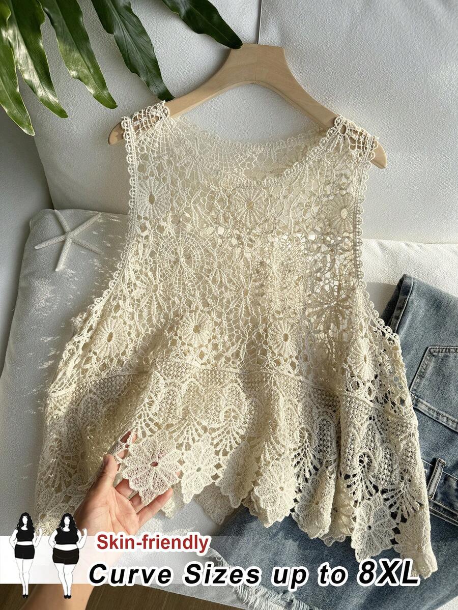 SHEIN CURVE+ Plus Size Women's Spring And Summer Solid Color Hollow Out Casual Versatile Knitted Top, Suitable For Beach Vacations - Apricot - View 1