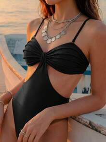 Swim Glamine 女款夏季海灘純色鏤空設計性感細肩帶連身泳衣 - 黑色 - 查看 4
