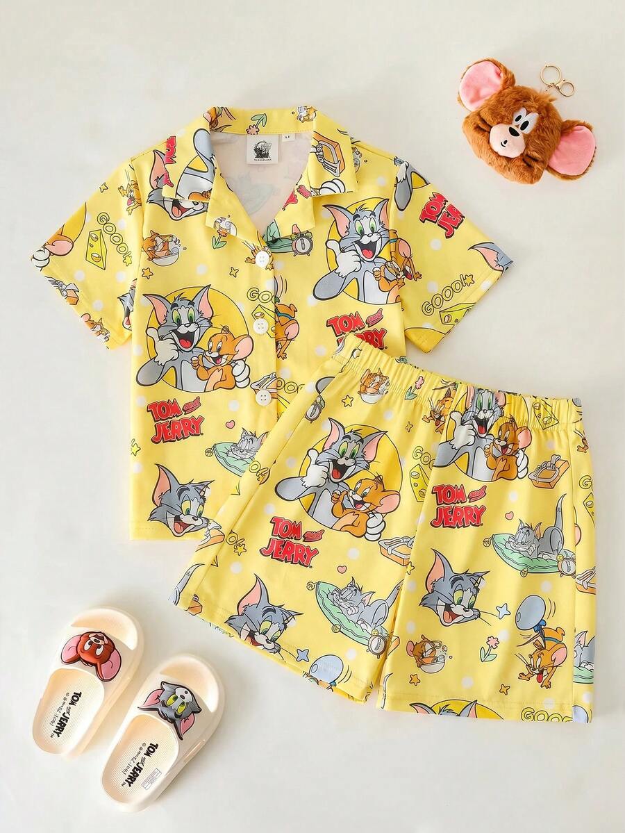 TOM & JERRY X SHEIN 女童卡通印花短袖上衣與短褲家居服 - 黃色 - 查看 1