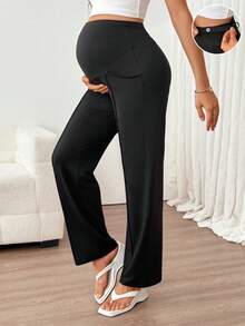 SHEIN Legging Santai Hamil Warna Polos dengan Pinggang yang Dapat Diatur - Hitam - View 6
