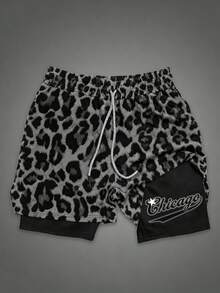 Gym Rark Men's Drawstring Waist Leopard Print Casual Versatile Daily Travel Sports Double Layer Shorts, Gym - Black - View 1