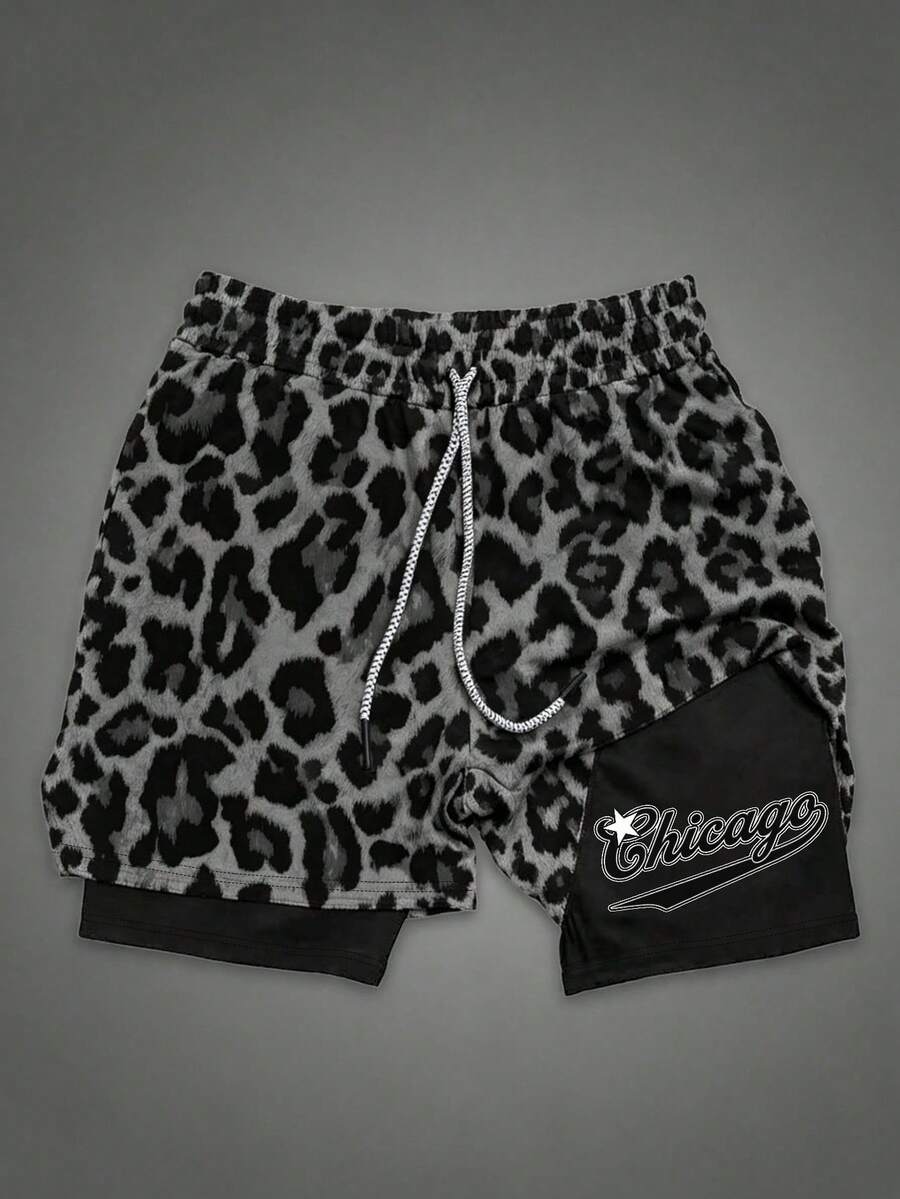 Gym Rark Men's Drawstring Waist Leopard Print Casual Versatile Daily Travel Sports Double Layer Shorts, Gym - Black - View 1