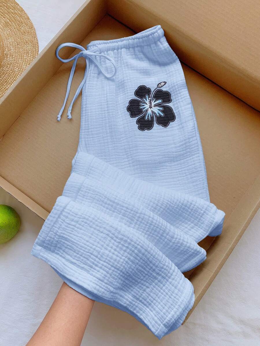 Comfortcana 女士印花抽绳阔腿宽松裤，100%纯棉夏季休闲沙滩裤 - 淺藍色 - 查看 1