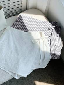 Comfortcana 2件組大尺碼女款夏季休閒亞麻蝴蝶結條紋裙褲與白色抽繩包臀短褲套裝，適合海灘度假 - 彩色 - 查看 5