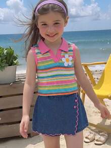 SHEIN Elladie kids 2件組少女夏季套裝，家庭度假穿搭，紋理針織背心上衣搭配牛仔裙褲，荷葉邊刺繡櫻桃花卉復古可愛套裝 - 彩色 - 查看 3
