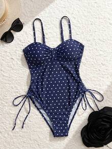Swim Lushoire 春夏流行熱銷波點印花設計女童度假海灘連身泳衣 - 藏蓝色 - 查看 3